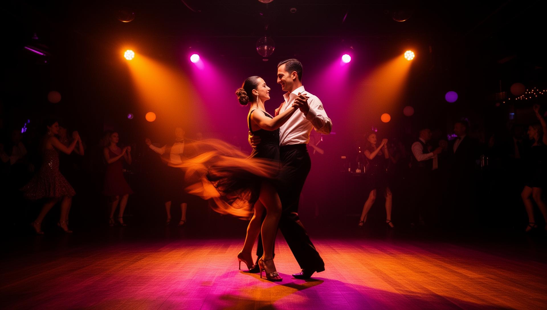 Salsa dancing couple performing at DanceSF studio in San Francisco