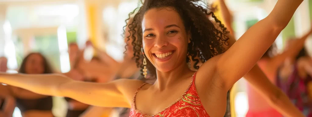 a woman joyfully dancing in a vibrant salsa class, moving gracefully to the rhythm with a big smile on her face.